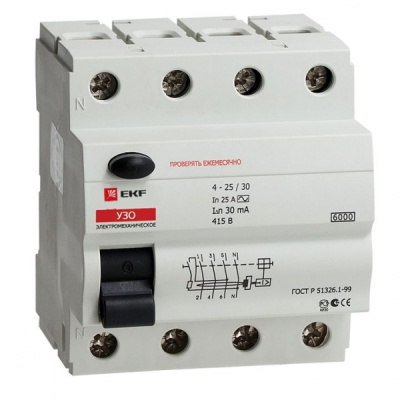 Устройство защитного отключения УЗО 6кА 4P 16А/30мА (электромеханическое) EKF