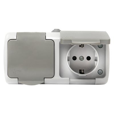 Мурманск Розетка 2-местная 16А с заземлением с крышкой IP54 серый с защитными шторками EKF