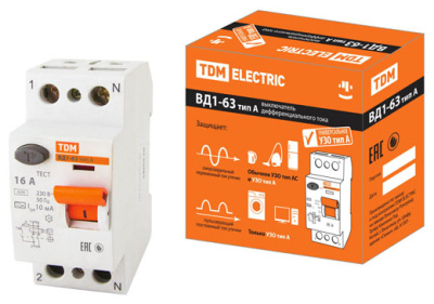 УЗО ВД1-63 2Р 16А 10мА тип А TDM
